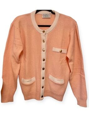 Vintage Blarney Woollen Mills Knit Cardigan Sweater Pink White Wool Gold Button
